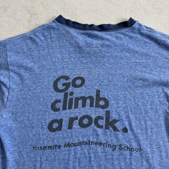 Vintage 70s Go Climb A Rock Ringer Shirt XL Yosemite Mountaineering Mayo Spruce - Picture 2 of 9